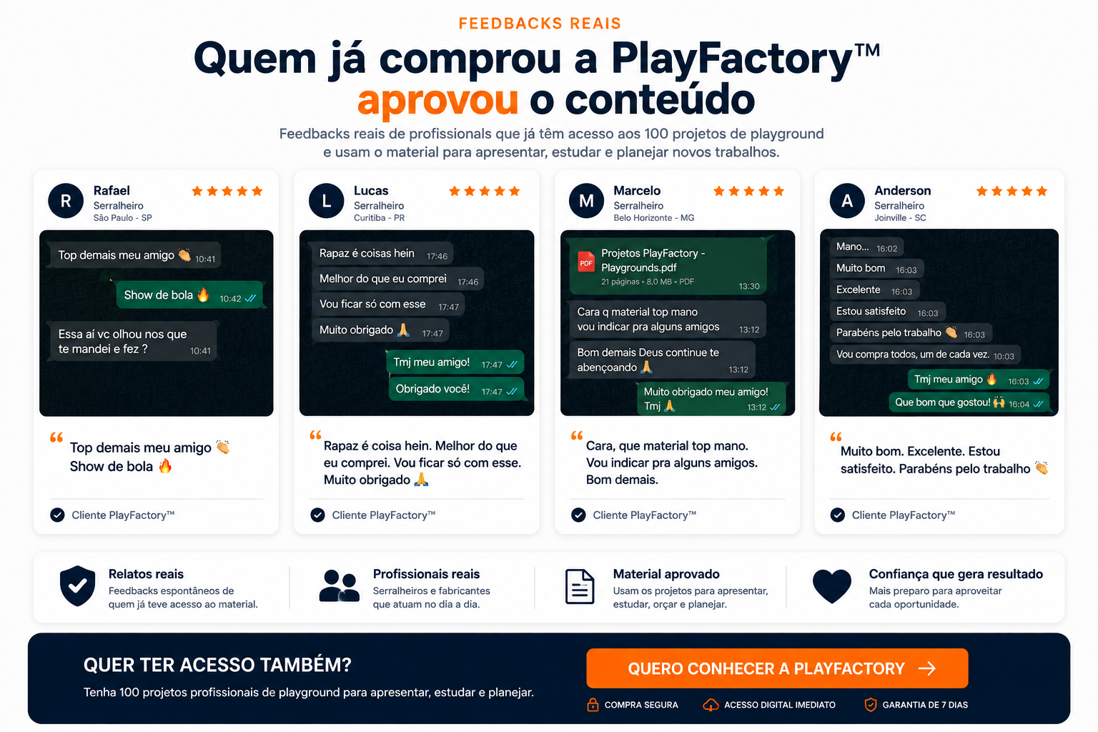 Prints de feedbacks de clientes que compraram nossos materiais digitais de projetos